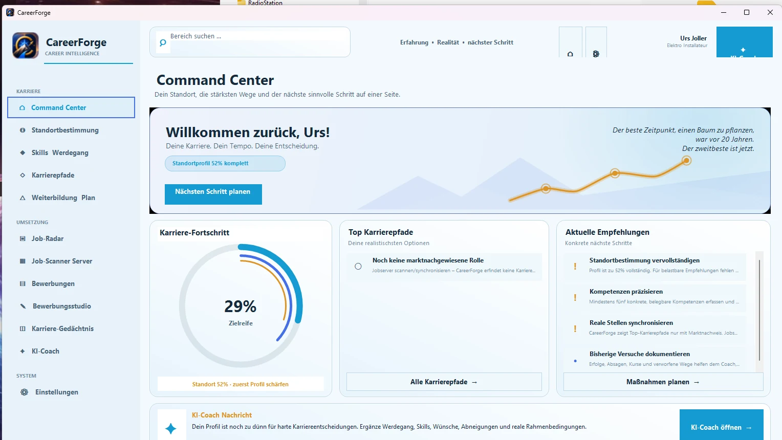 CareerForge Command Center mit Karrierefortschritt und Empfehlungen