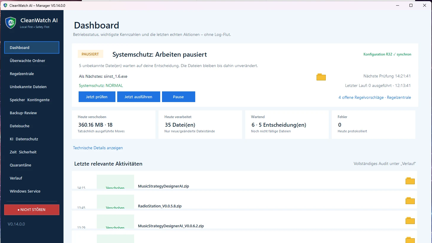 CleanWatch AI Dashboard mit Systemstatus und Dateiaktivitäten
