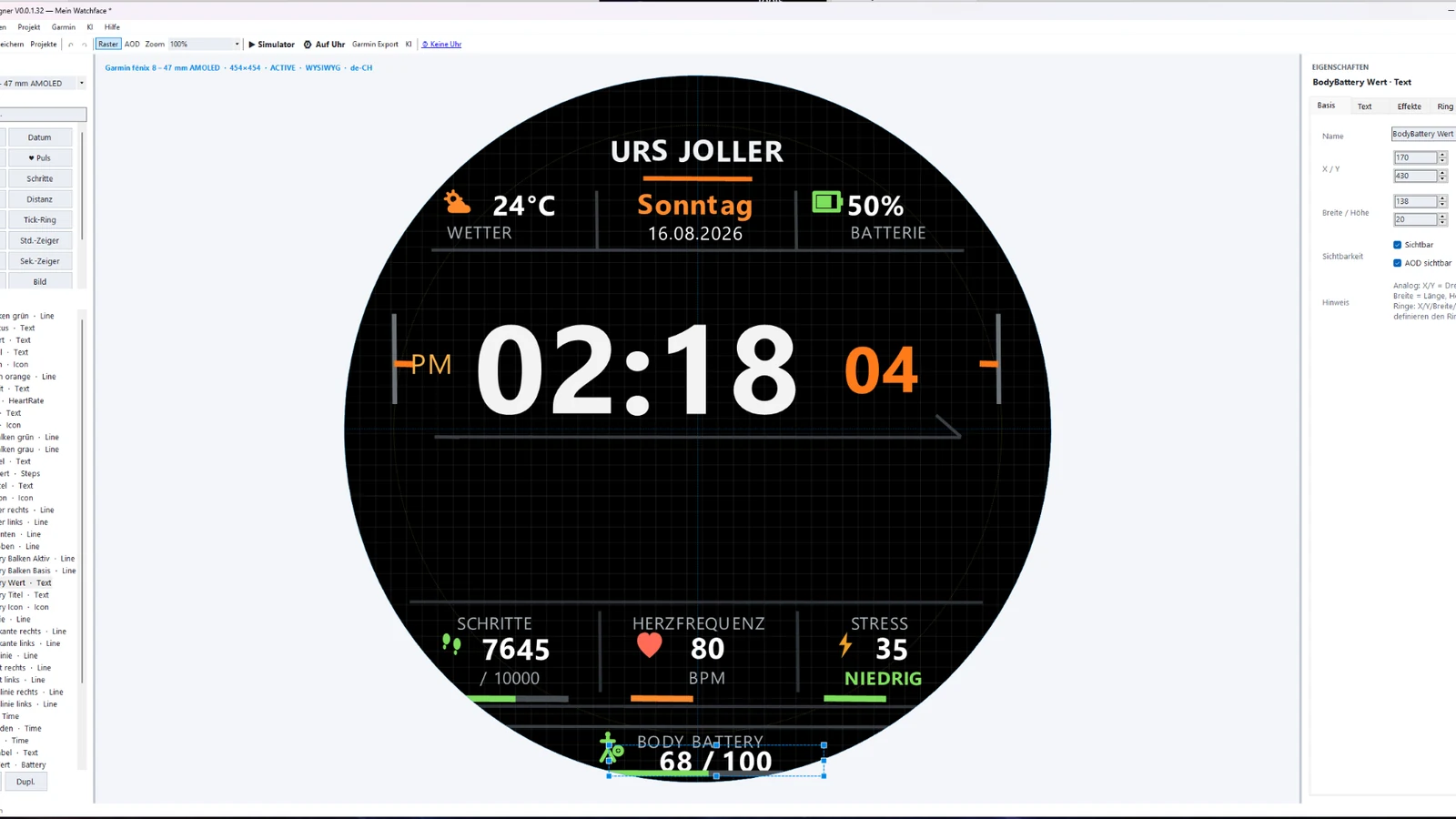 FaceView Designer mit Garmin-Watchface, Ebenen und Eigenschaften