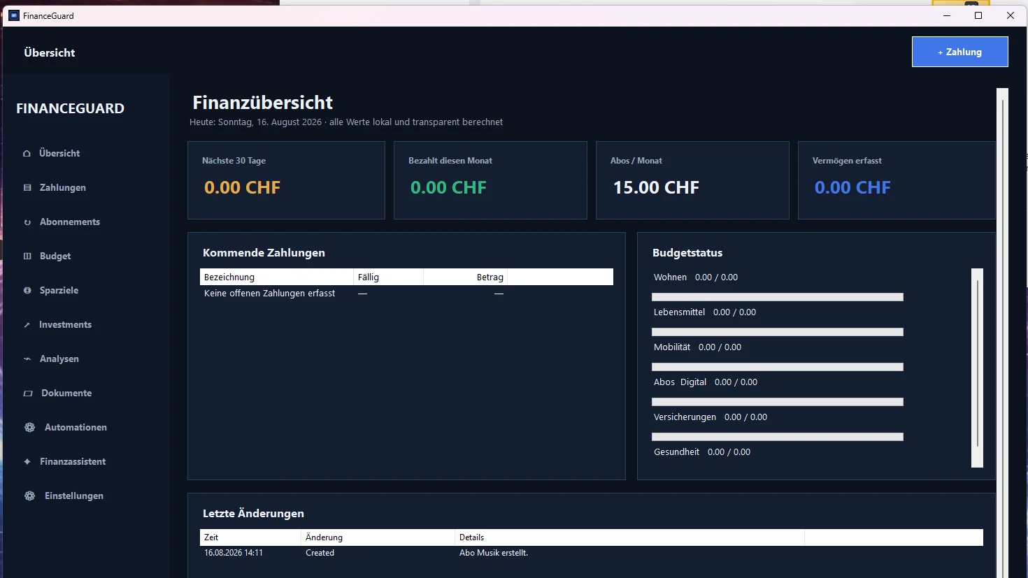FinanceGuard Finanzübersicht mit Zahlungen und Budgetstatus