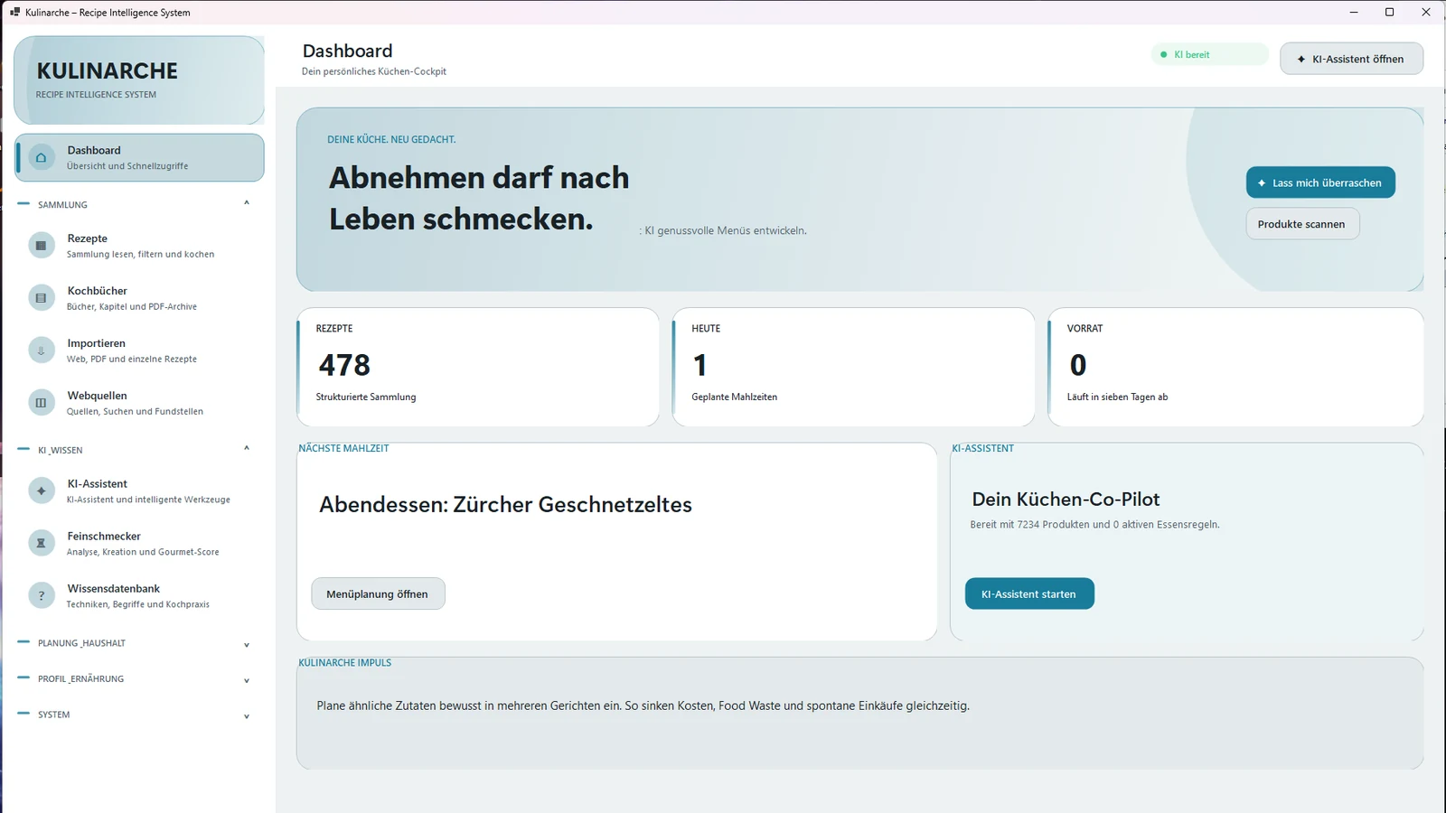 Kulinarche Dashboard mit Rezepten, Menüplanung und KI-Assistent