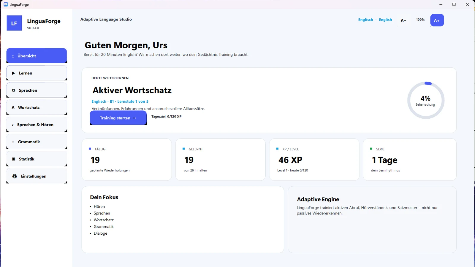 LinguaForge Dashboard mit Lernfortschritt, XP und adaptiver Engine