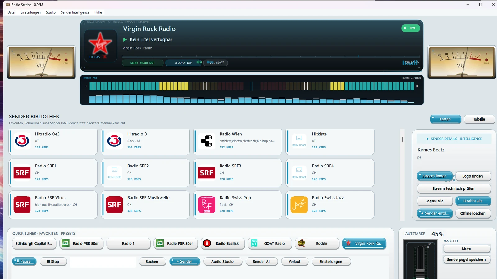 Radio Station mit modernem Player, VU-Metern und Senderbibliothek